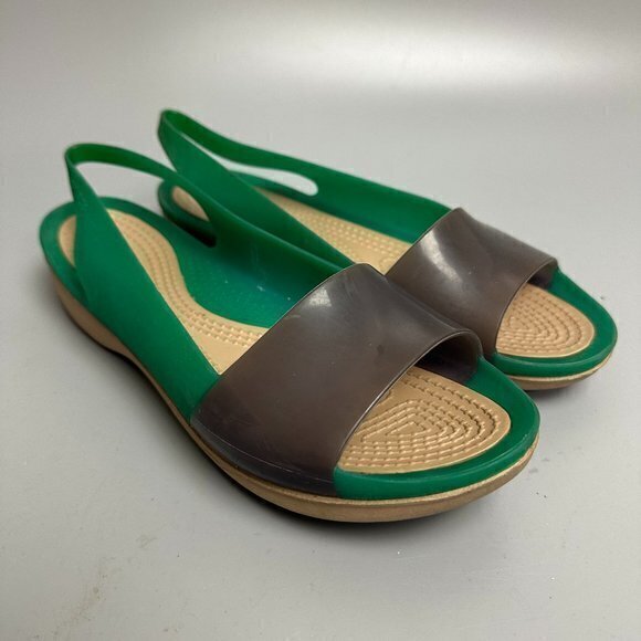 CROCS SLINGBACK‎ COLORBLOCK FLAT GREEN GRAY JELLY  WOMENS SIZE 8 - Picture 1 of 5